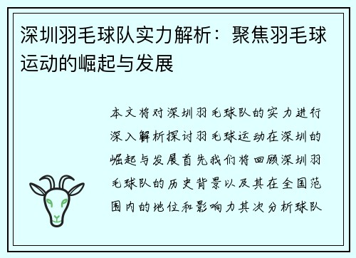 深圳羽毛球队实力解析：聚焦羽毛球运动的崛起与发展