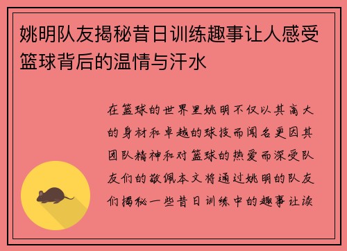 姚明队友揭秘昔日训练趣事让人感受篮球背后的温情与汗水